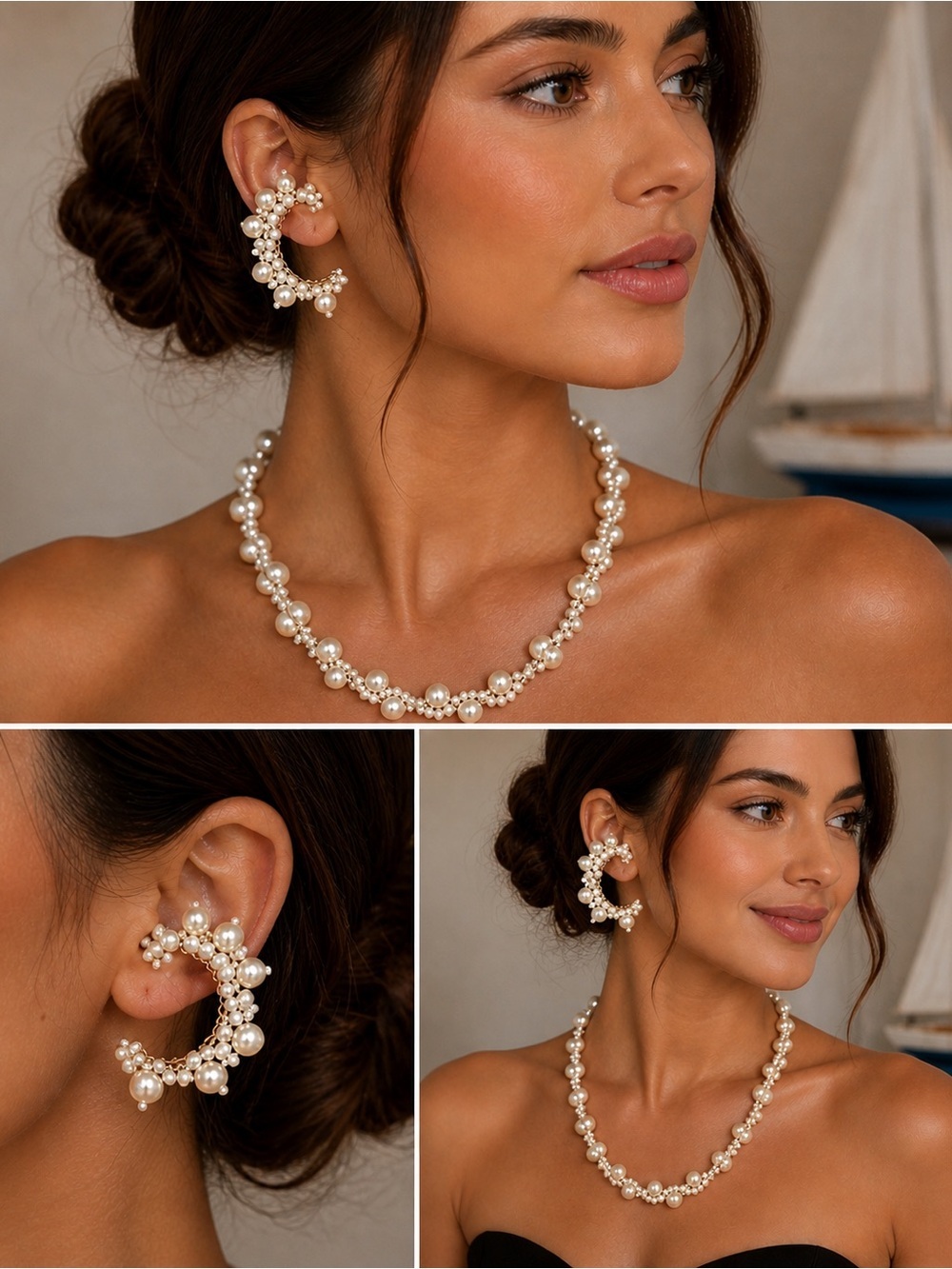 2pc set Pearl Cluster Necklace & Earrings - Ivory faux Pearls hand crafted